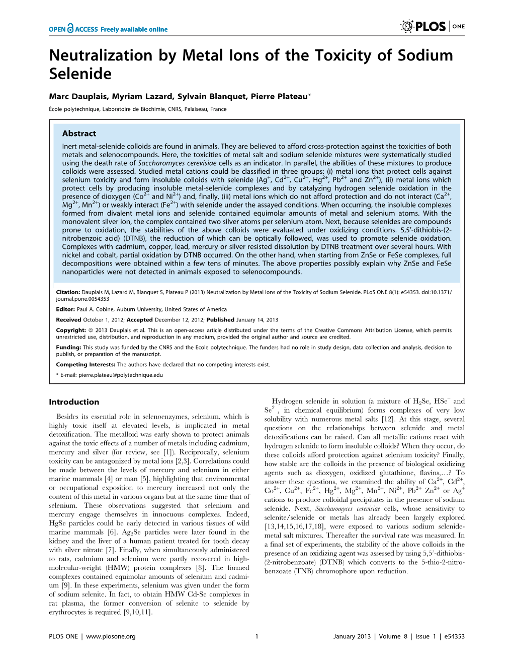 Neutralization by Metal Ions of the Toxicity of Sodium Selenide