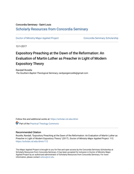 Expository Preaching at the Dawn of the Reformation: an Evaluation of Martin Luther As Preacher in Light of Modern Expository Theory