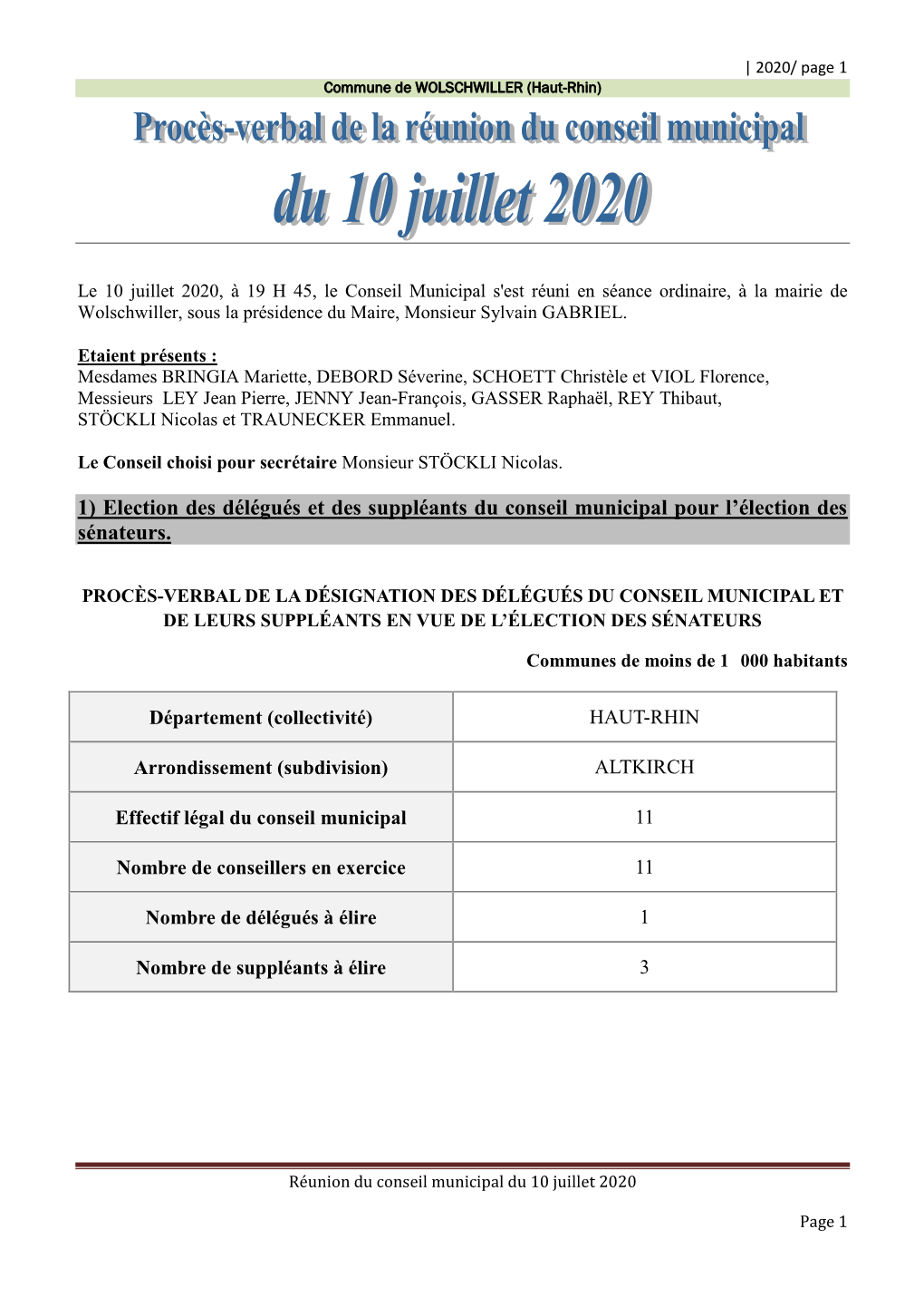 1) Election Des Délégués Et Des Suppléants Du Conseil Municipal Pour L'élection Des Sénateurs