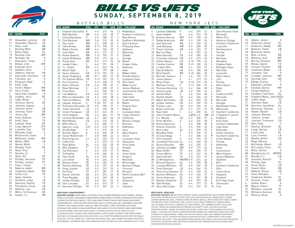Bills Vs Jets Sunday, September 8, 2019 Buffalo Bills New York Jets No