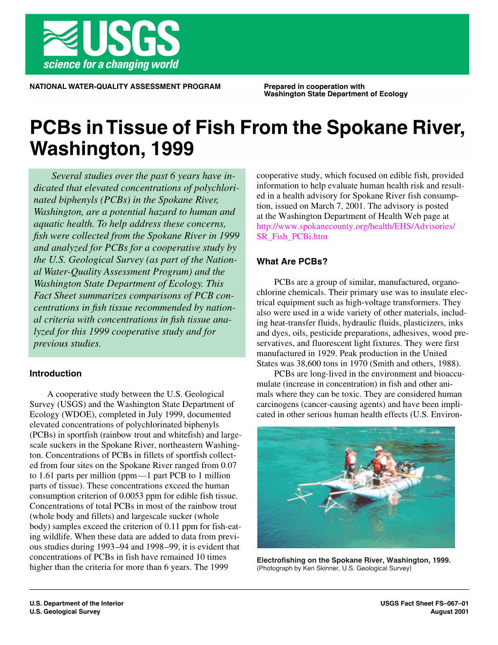 Pcbs in Tissue of Fish from the Spokane River, Washington, 1999