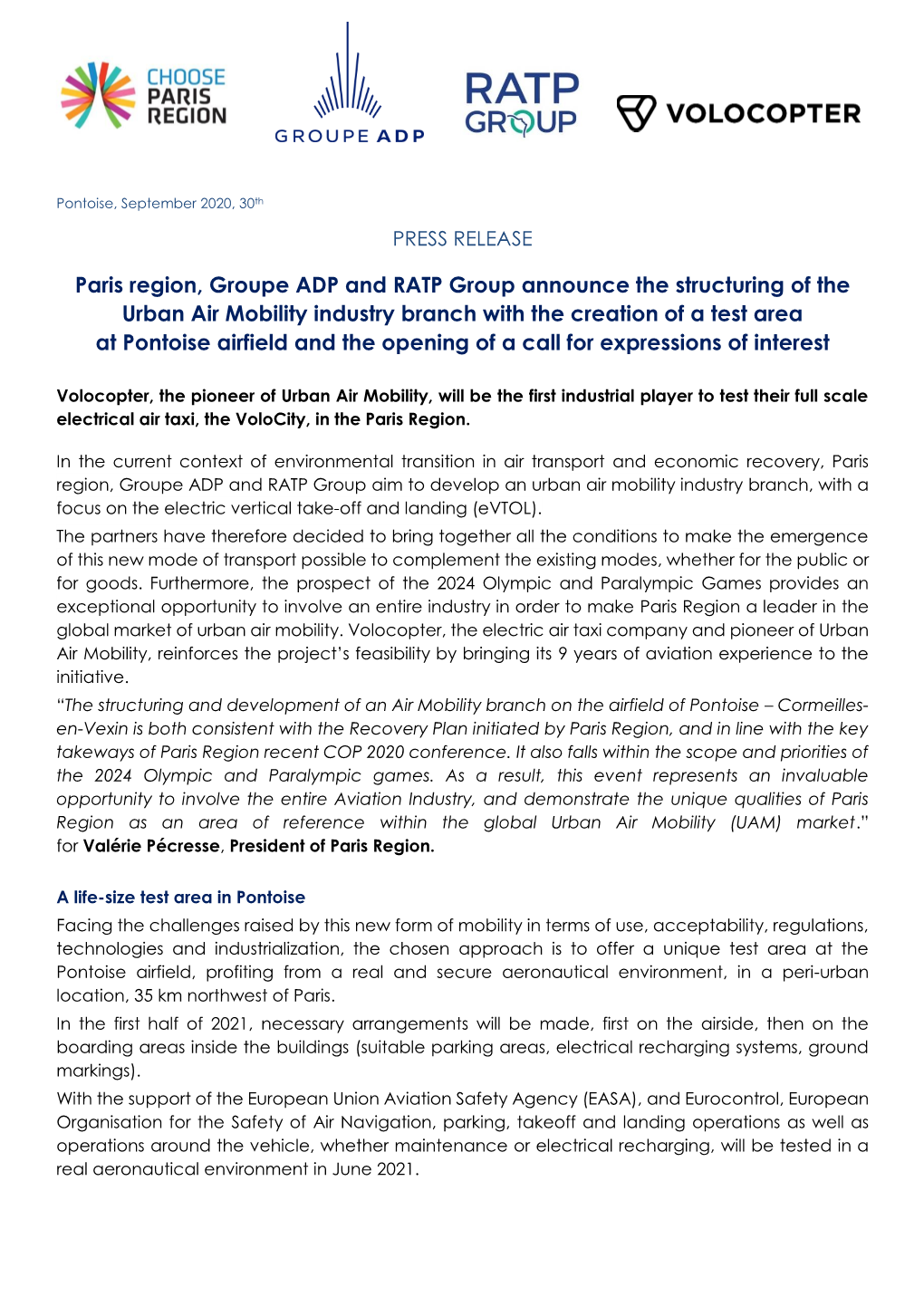 Paris Region, Groupe ADP and RATP Group Announce the Structuring of the Urban Air Mobility Industry Branch with the Creation Of