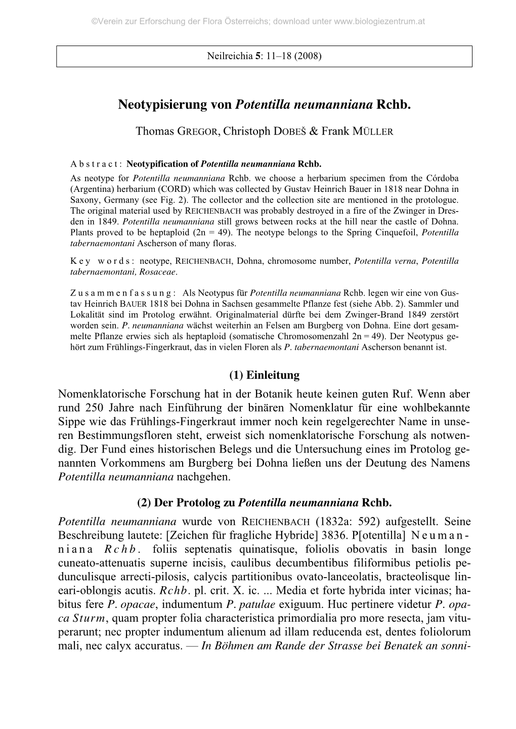 Neotypisierung Von Potentilla Neumanniana Rchb