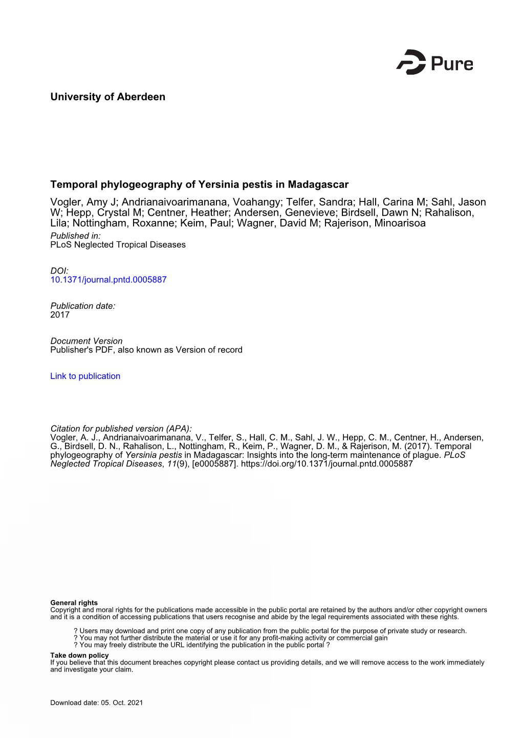 Temporal Phylogeography of Yersinia Pestis in Madagascar