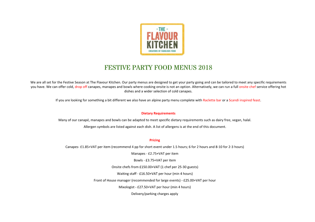 Festive Party Food Menus 2018