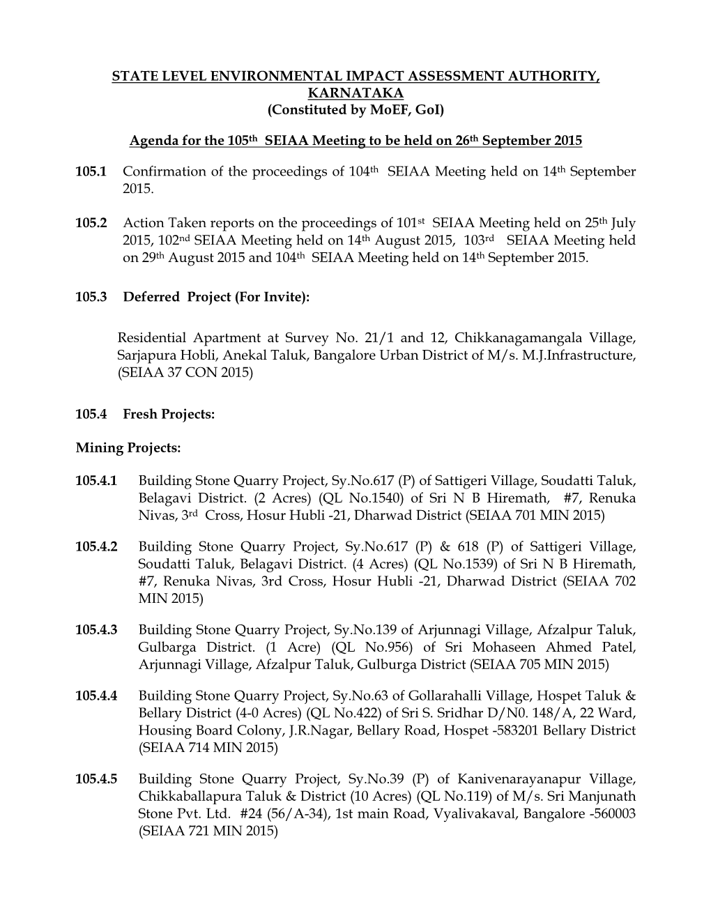 Agenda for the 105Th SEIAA Meeting to Be Held on 26 Th September 2015