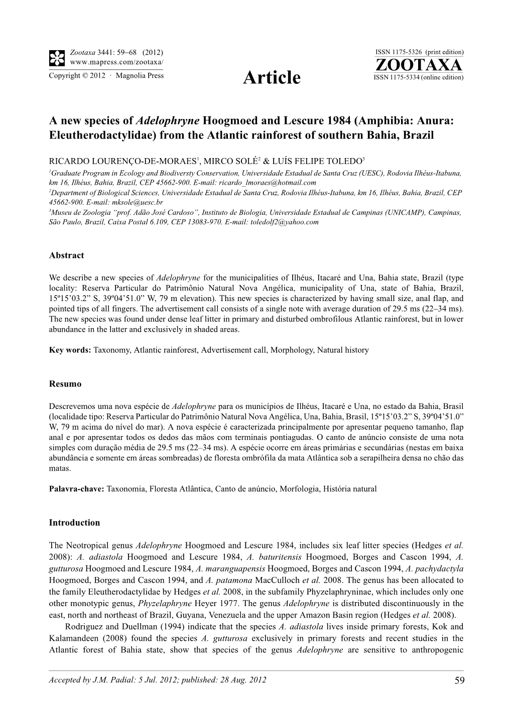 A New Species of Adelophryne Hoogmoed and Lescure 1984 (Amphibia: Anura: Eleutherodactylidae) from the Atlantic Rainforest of Southern Bahia, Brazil