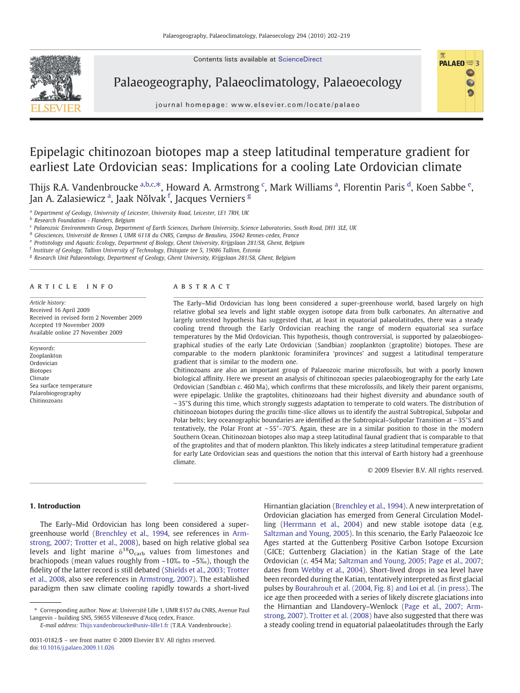 Epipelagic Chitinozoan Biotopes Map a Steep Latitudinal Temperature Gradient for Earliest Late Ordovician Seas: Implications for a Cooling Late Ordovician Climate