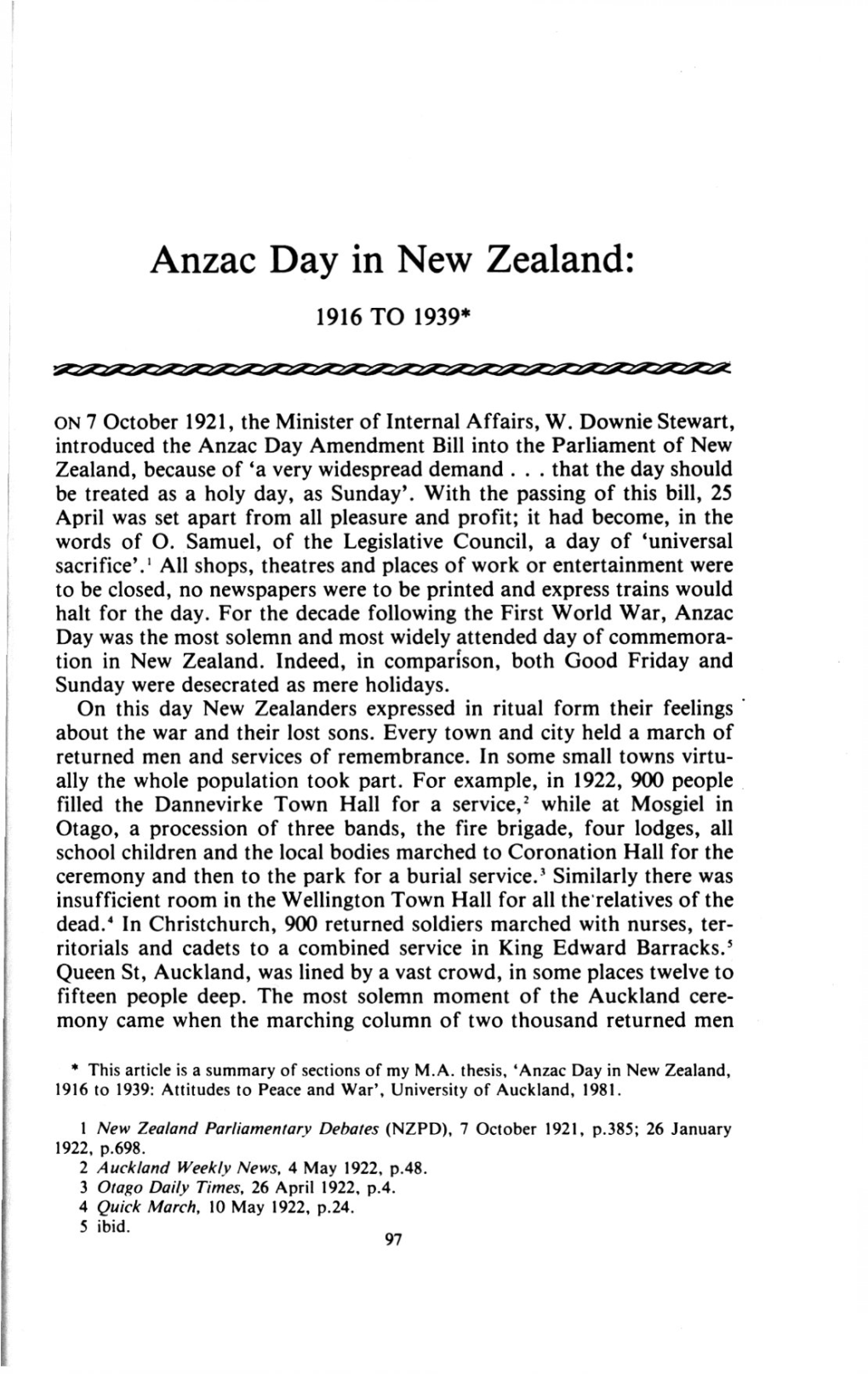 Anzac Day in New Zealand: 1916 to 1939*