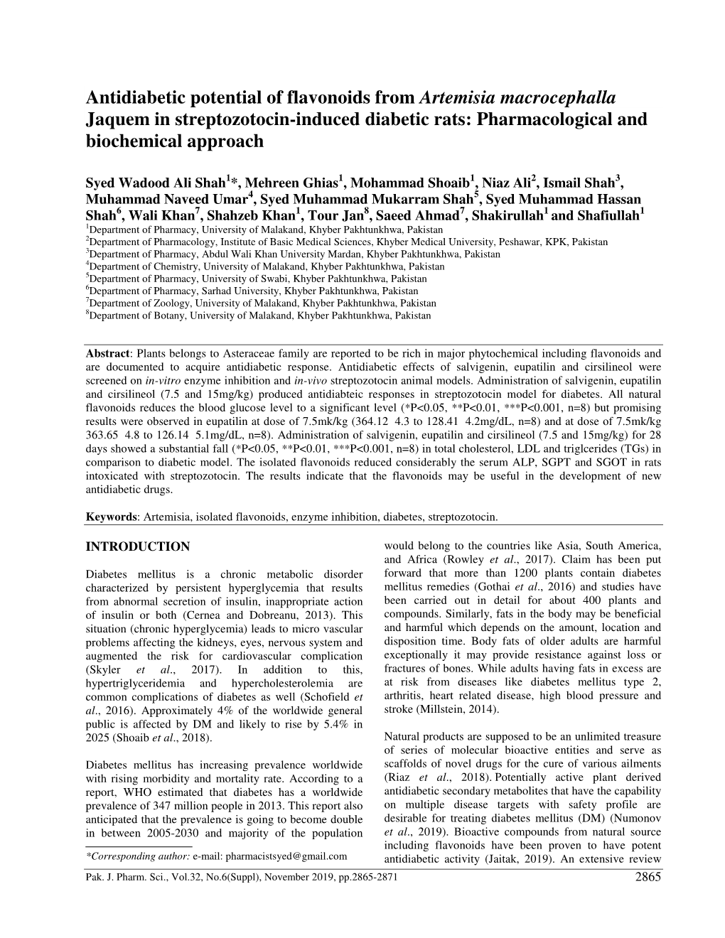 Antidiabetic Potential of Flavonoids from Artemisia Macrocephalla Jaquem in Streptozotocin-Induced Diabetic Rats: Pharmacological and Biochemical Approach