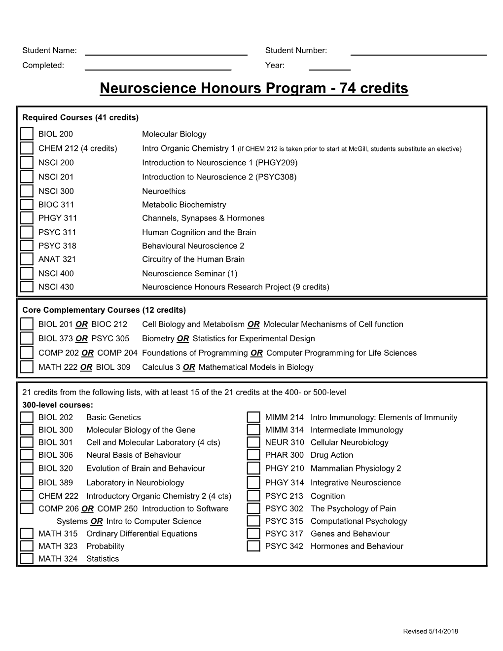 Neuroscience Honours Program - 74 Credits