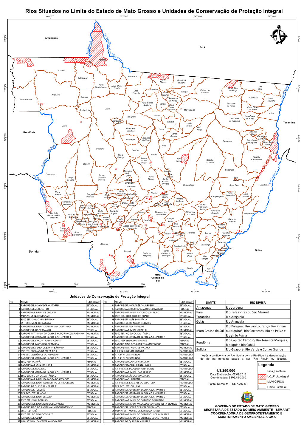 Rios Situados No Limite Do Estado De Mato Grosso E Unidades De Conservação De Proteção Integral 60°0'0"O 57°0'0"O 54°0'0"O 51°0'0"O