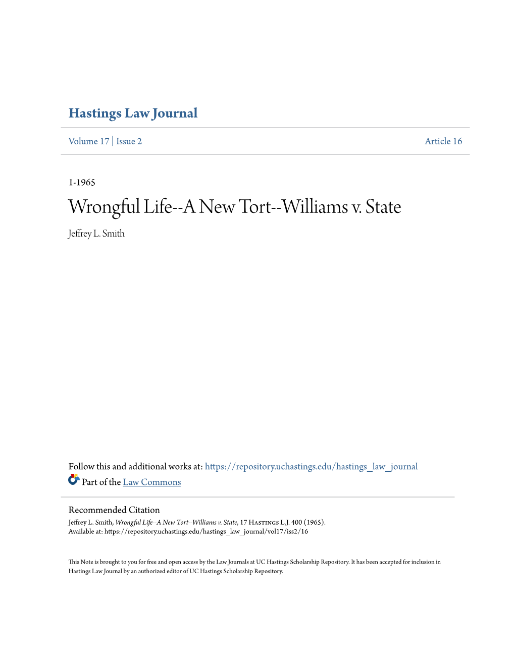 Wrongful Life--A New Tort--Williams V. State Jeffrey L