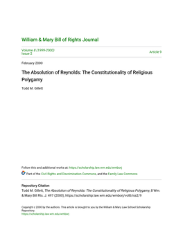 The Absolution of Reynolds: the Constitutionality of Religious Polygamy