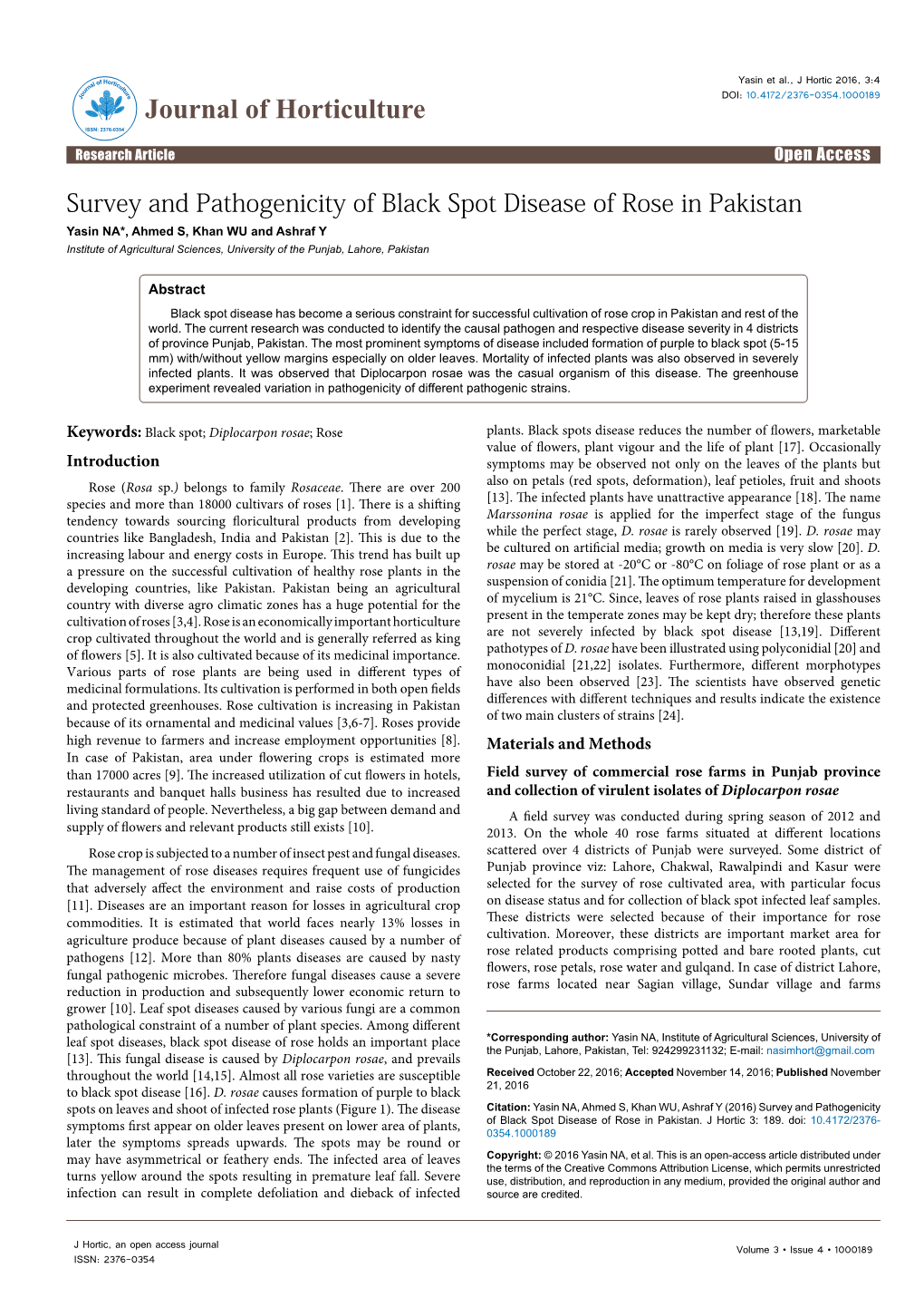 Survey and Pathogenicity of Black Spot Disease of Rose in Pakistan