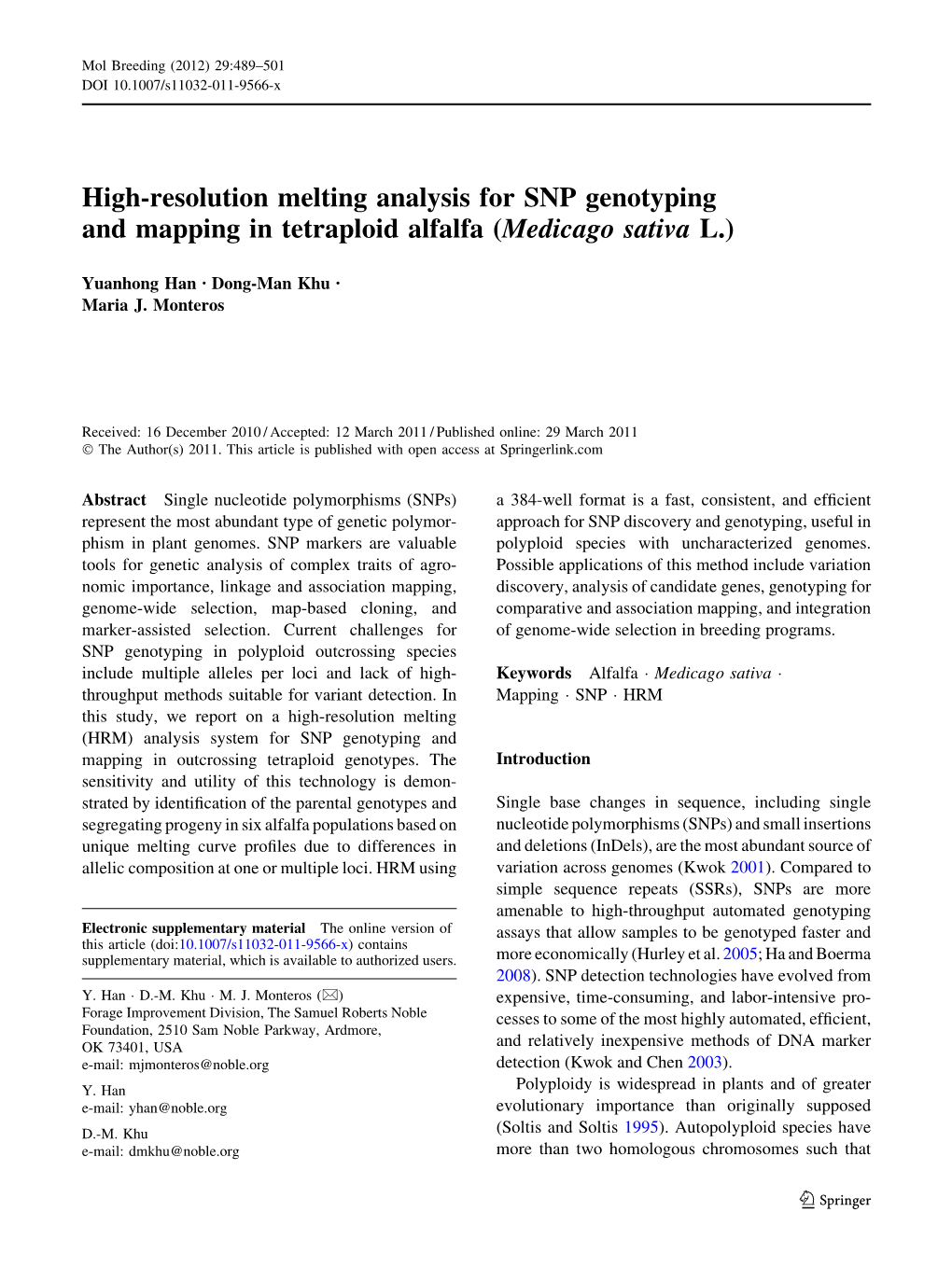 High-Resolution Melting Analysis for SNP Genotyping and Mapping in Tetraploid Alfalfa (Medicago Sativa L.)