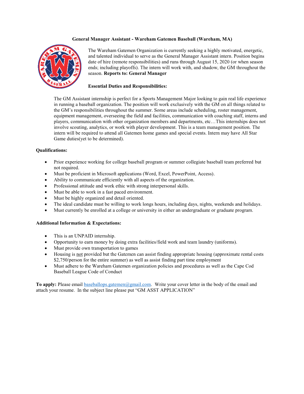 General Manager Assistant - Wareham Gatemen Baseball (Wareham, MA)