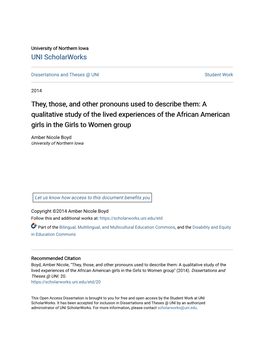 They, Those, and Other Pronouns Used to Describe Them: a Qualitative Study of the Lived Experiences of the African American Girls in the Girls to Women Group