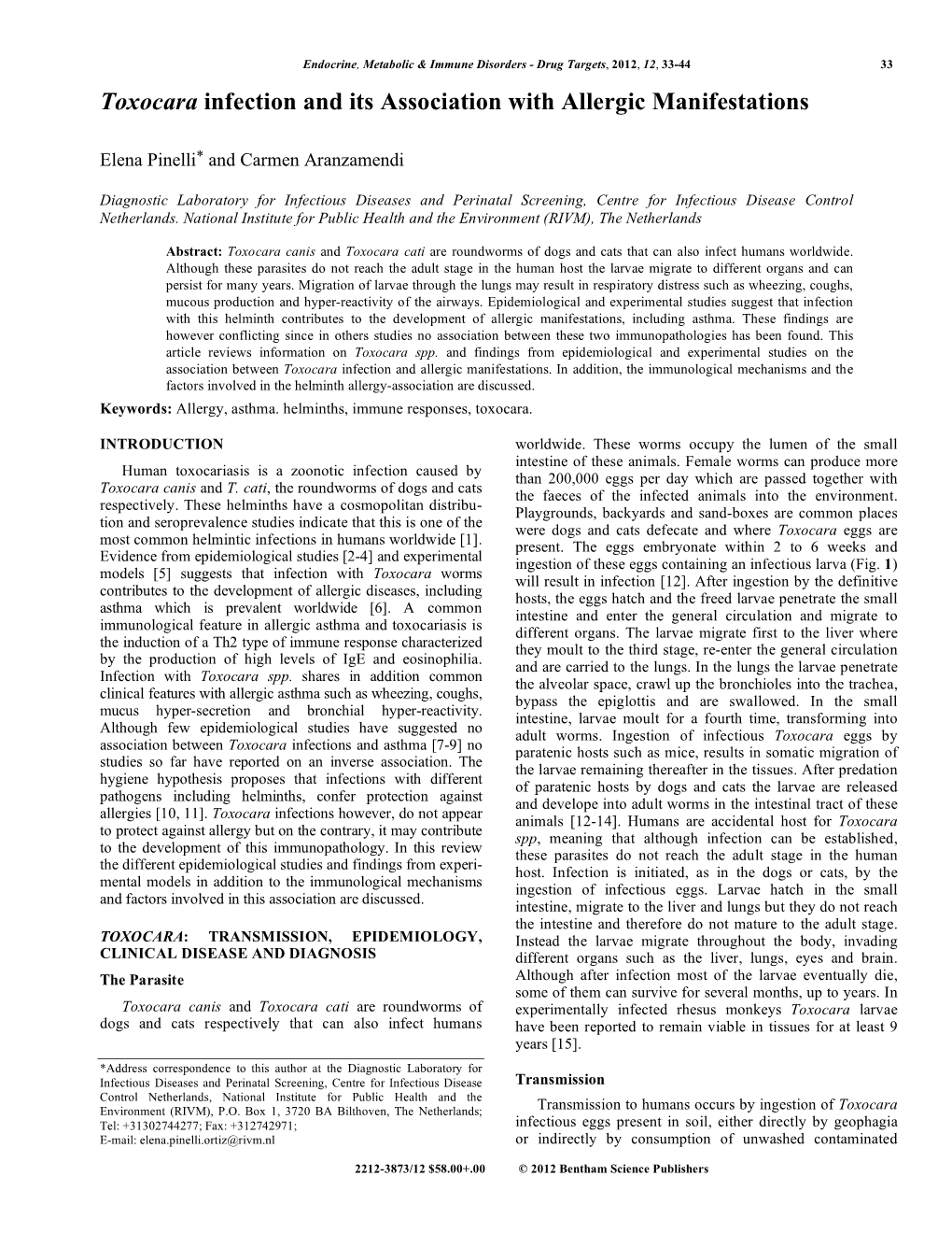 Toxocara Infection and Its Association with Allergic Manifestations