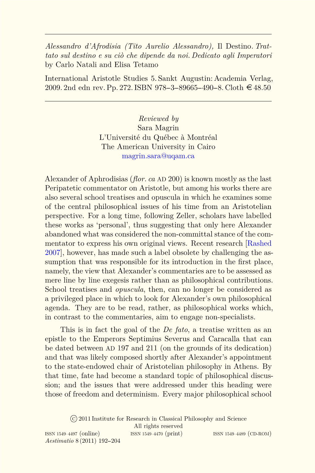 Alessandro D'afrodisia (Tito Aurelio Alessandro), Il Destino. Trat- Tato