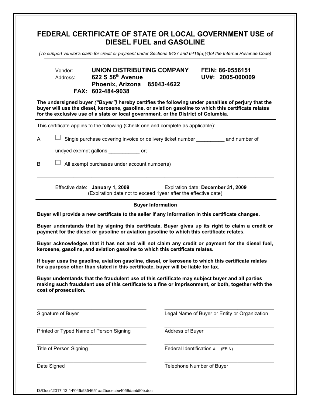 Federal Certificate of Farmer Or State Or Local Government Unit