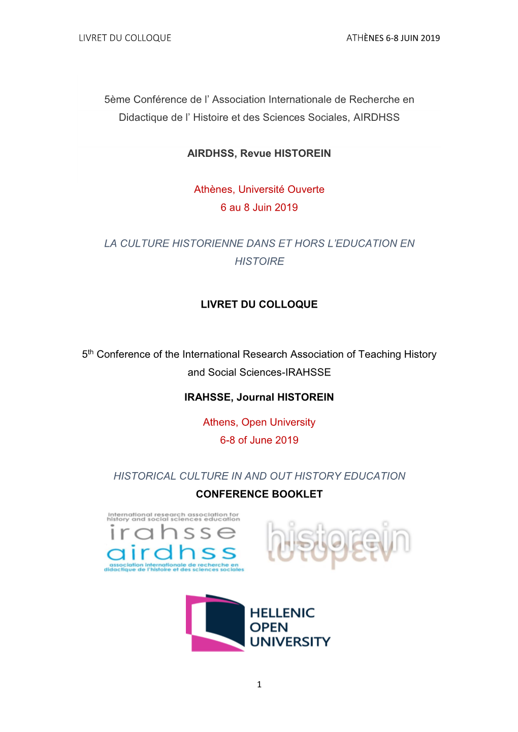 Livret Du Colloque Athènes 6-8 Juin 2019