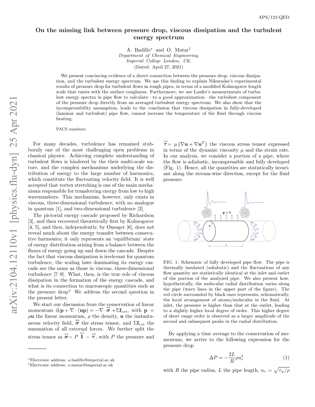 Arxiv:2104.12110V1 [Physics.Flu-Dyn] 25 Apr 2021