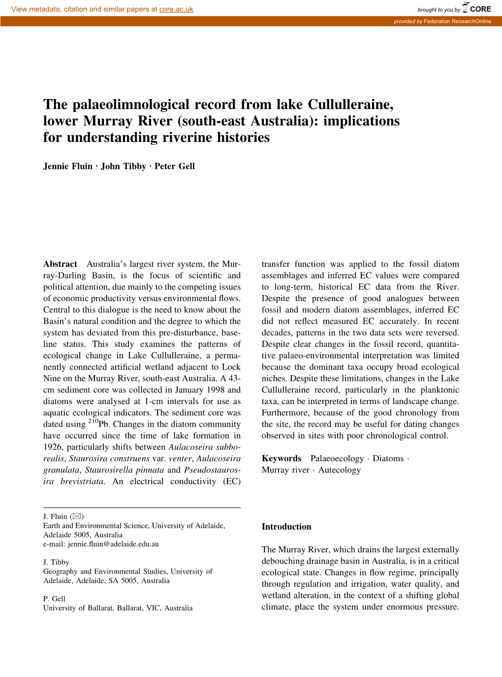 The Palaeolimnological Record from Lake Cullulleraine, Lower Murray River (South-East Australia): Implications for Understanding Riverine Histories