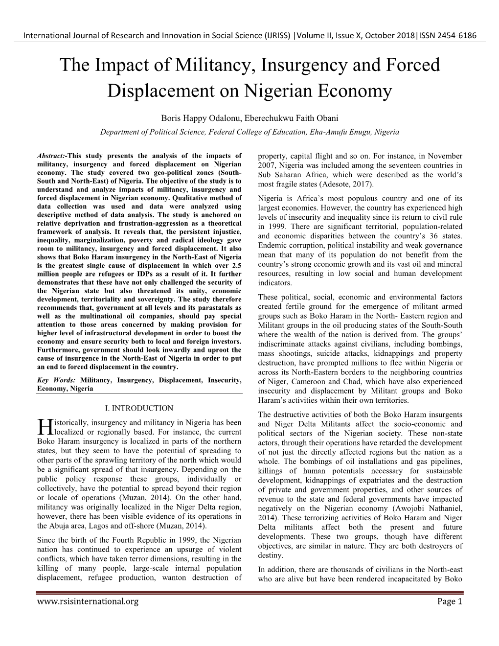 The Impact of Militancy, Insurgency and Forced Displacement on Nigerian Economy