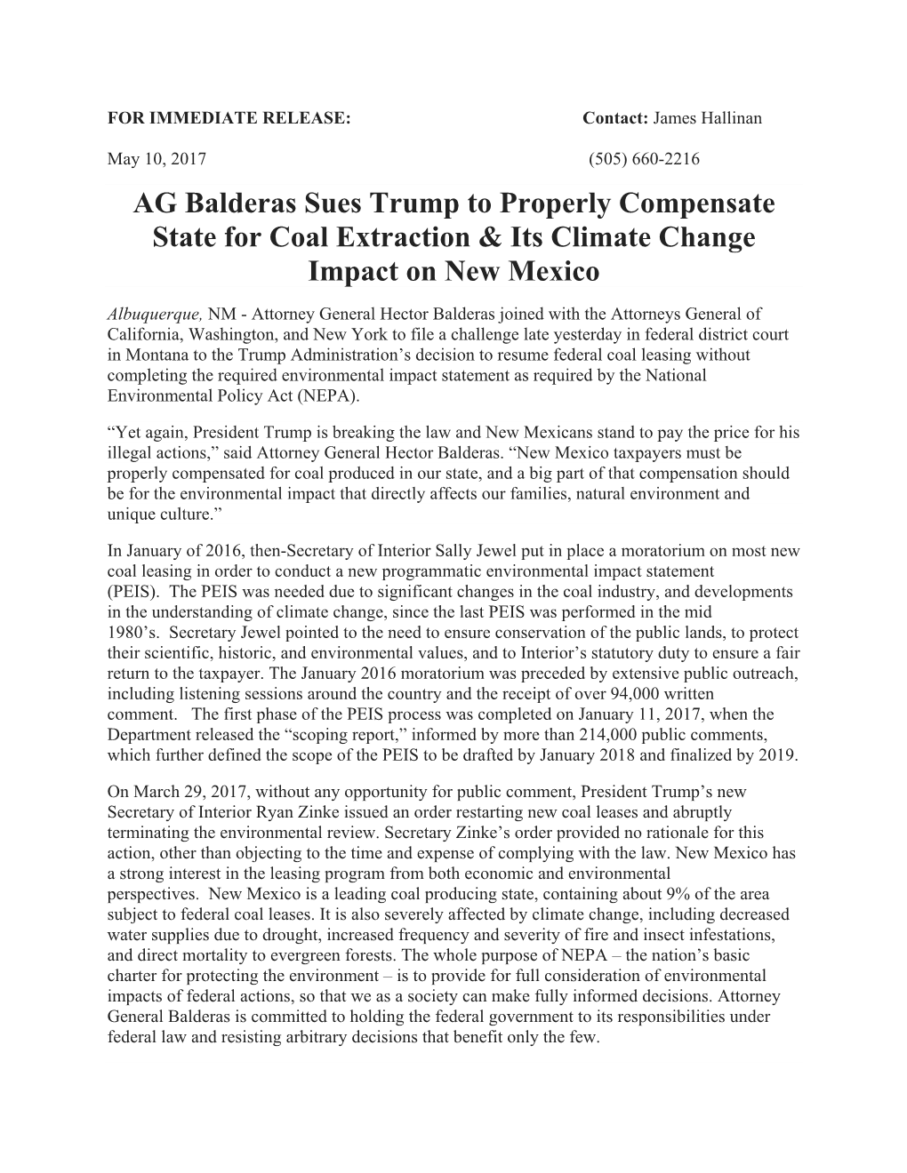 AG Balderas Sues Trump to Properly Compensate State for Coal Extraction & Its Climate Change Impact on New Mexico