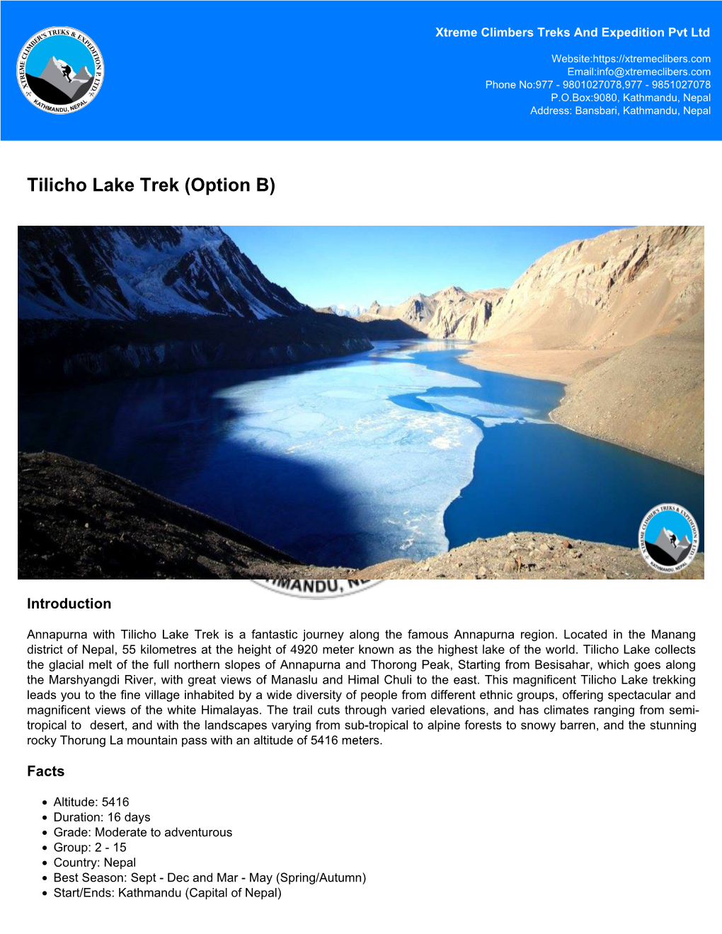 Tilicho Lake Trek (Option B)