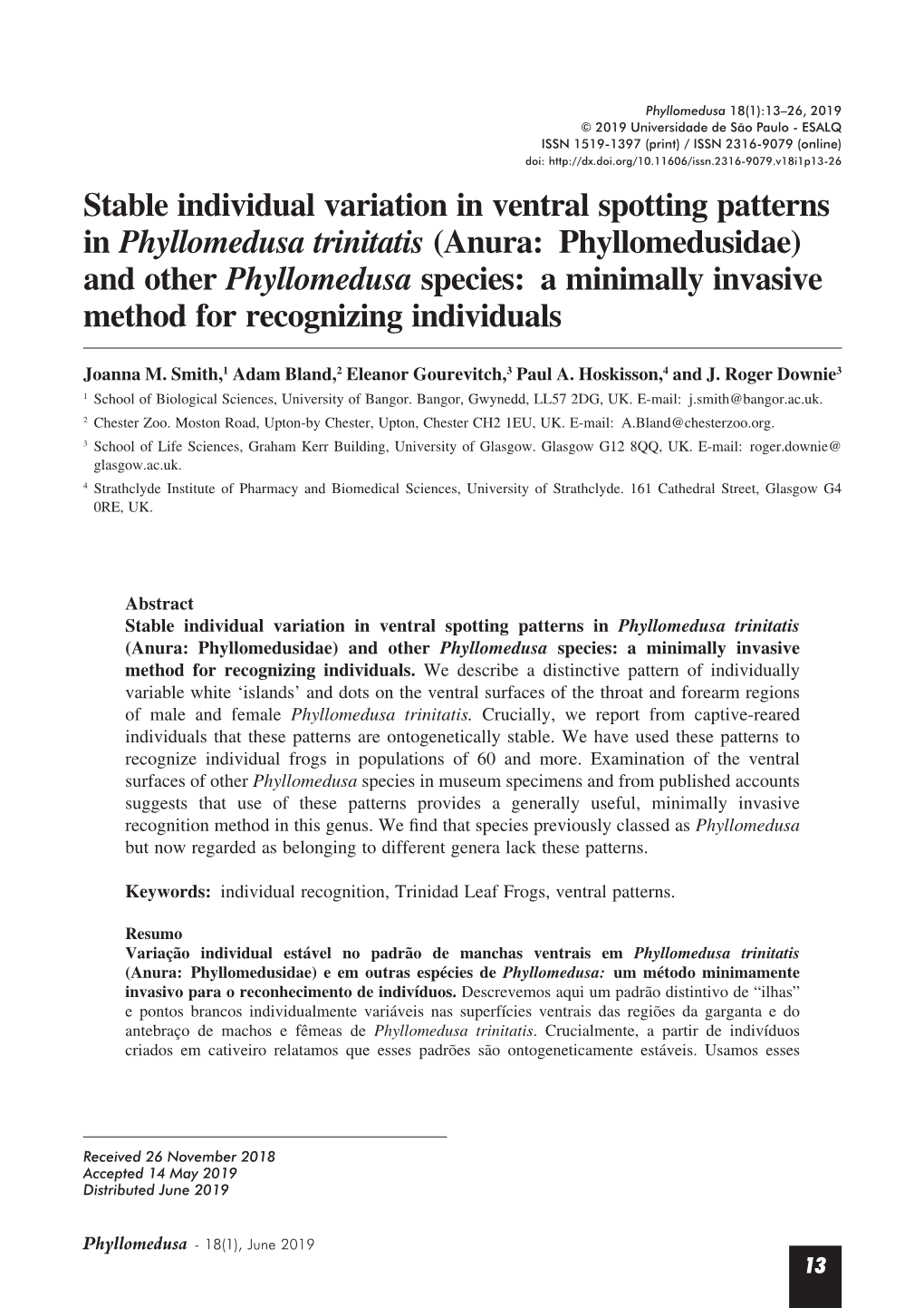 Stable Individual Variation in Ventral Spotting Patterns in Phyllomedusa