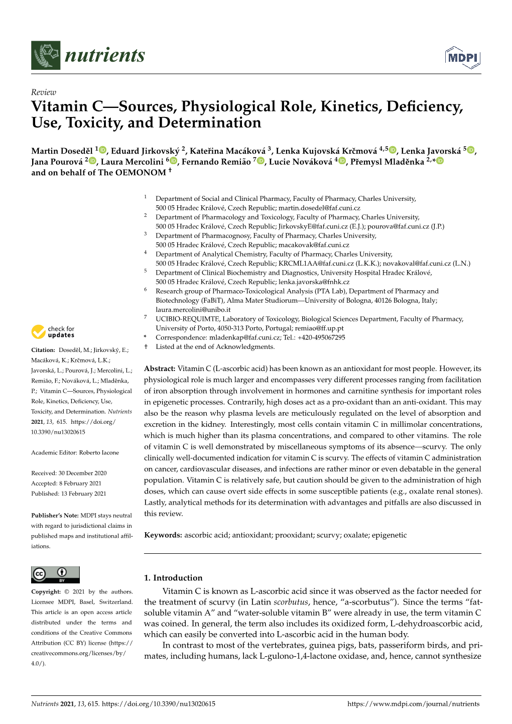 Vitamin C—Sources, Physiological Role, Kinetics, Deficiency, Use