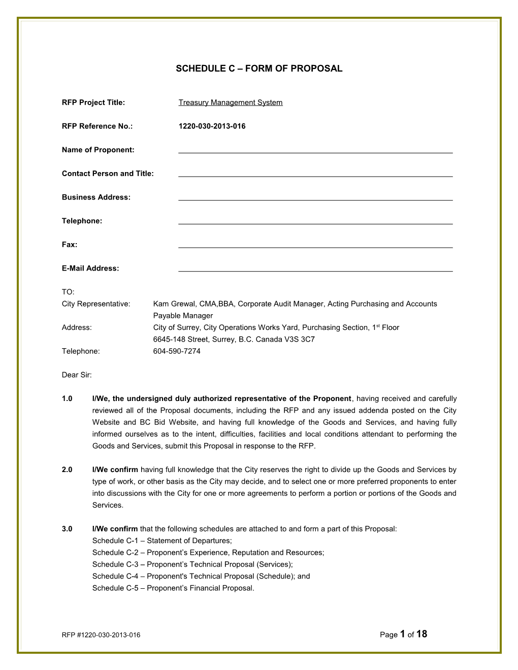 Schedule C FORM of PROPOSAL