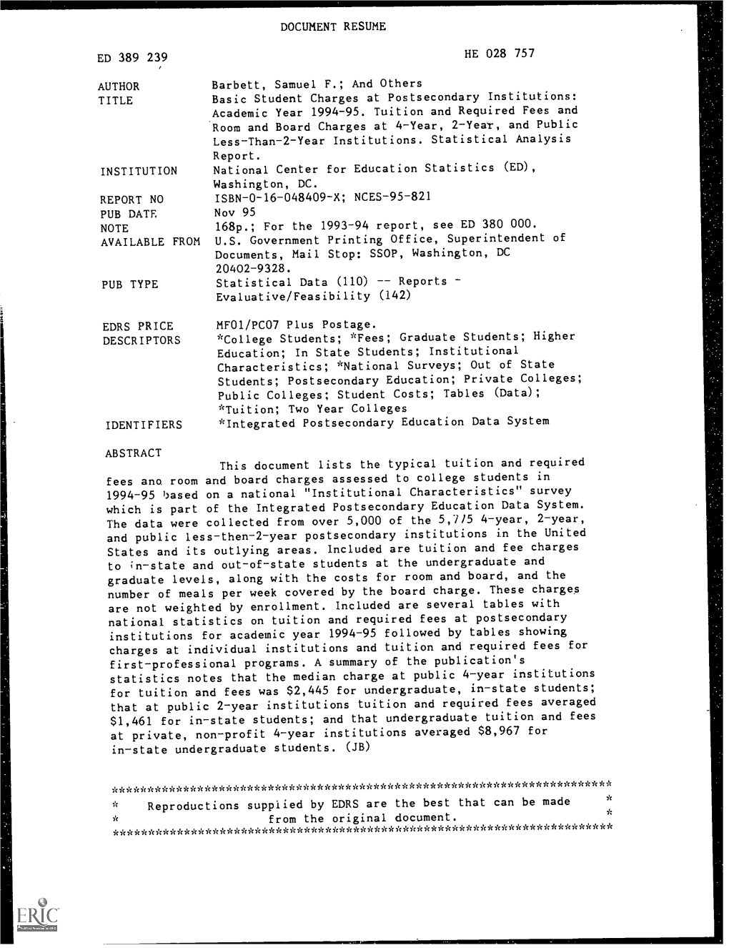 Basic Student Charges at Postsecondary Institutions: Academic Year 1994-95