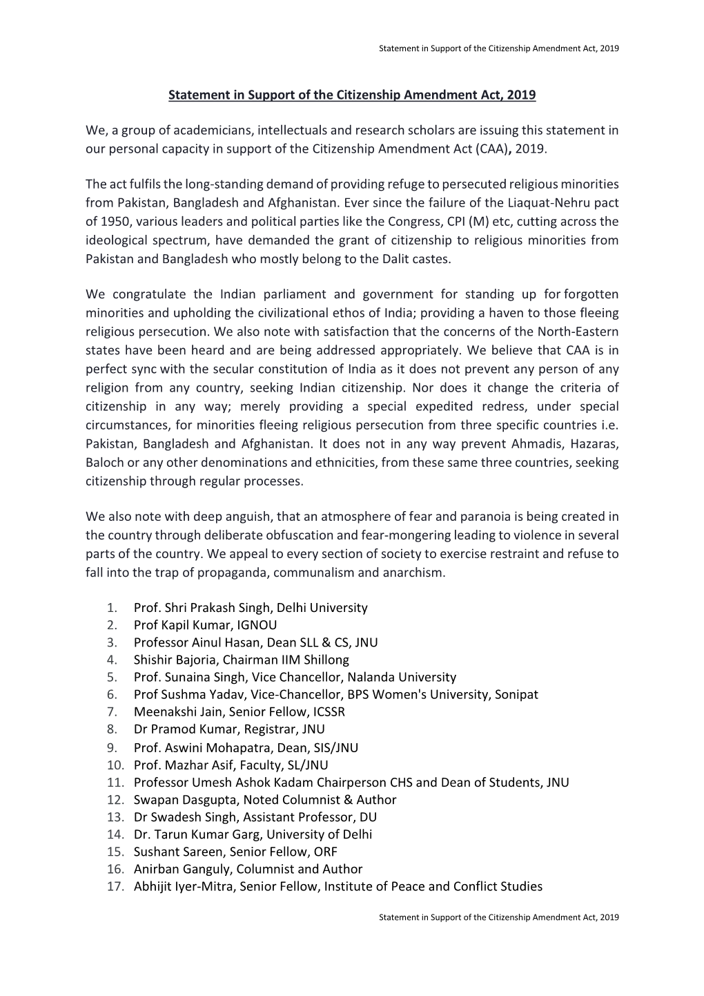 Statement in Support of the Citizenship Amendment Act, 2019