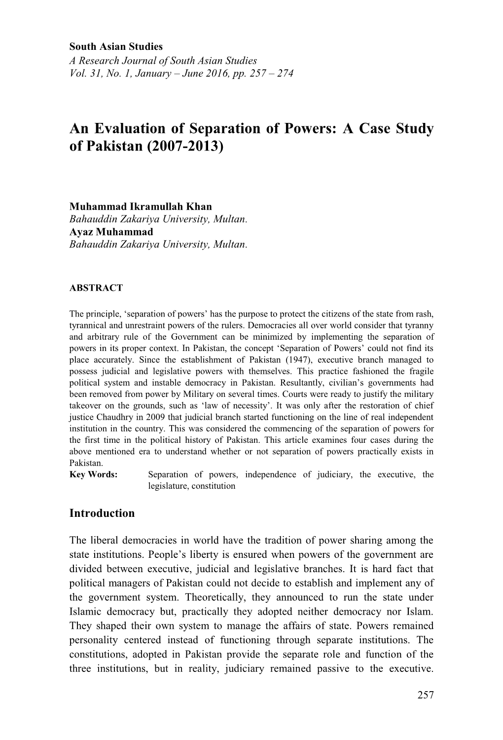 An Evaluation of Separation of Powers: a Case Study of Pakistan (2007-2013)