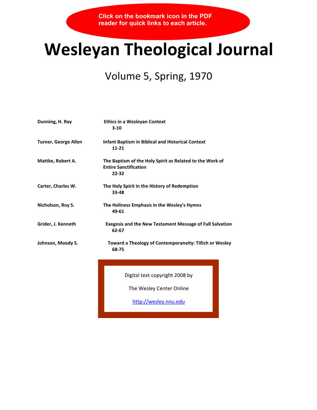 Wesleyan Theological Journal Volume 5, Spring, 1970