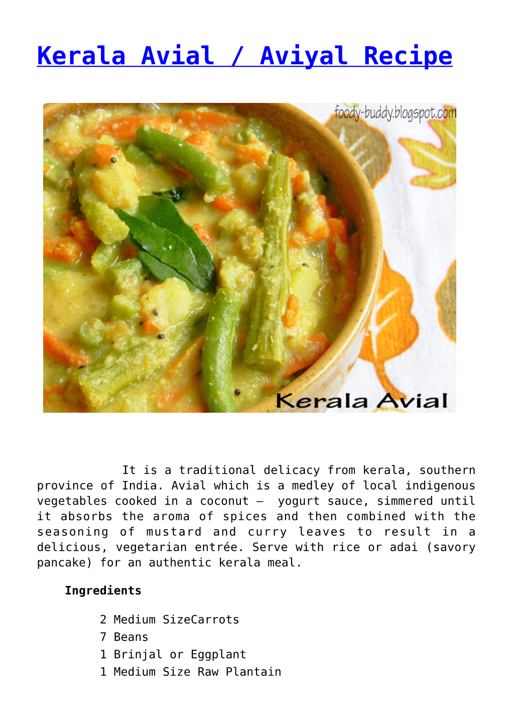 Kerala Avial / Aviyal Recipe