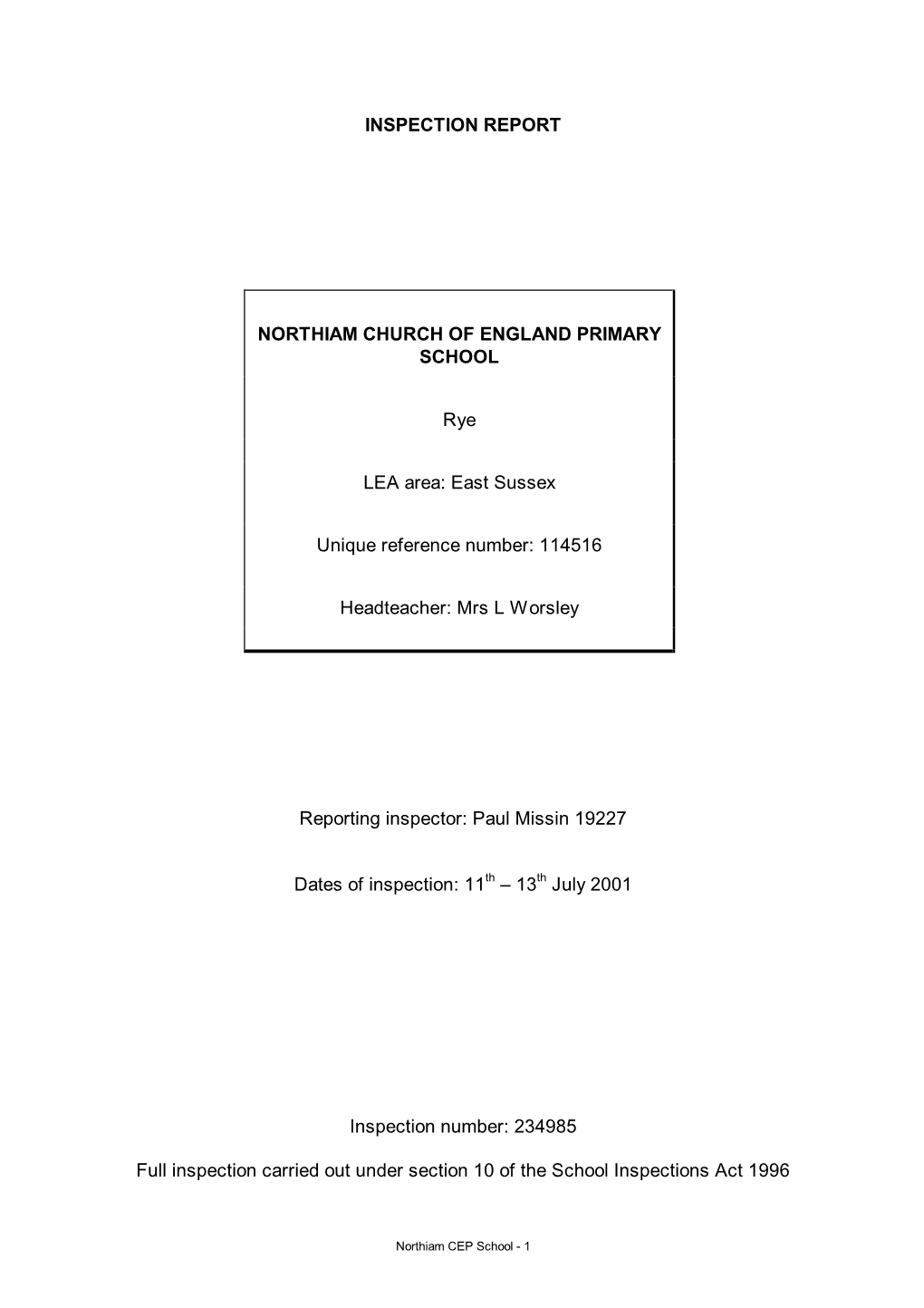 Inspection Report Northiam Church of England Primary