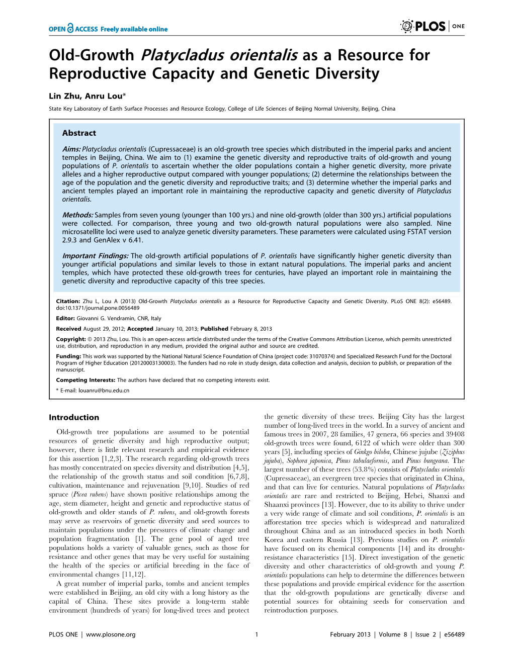 Old-Growth Platycladus Orientalis As a Resource for Reproductive Capacity and Genetic Diversity