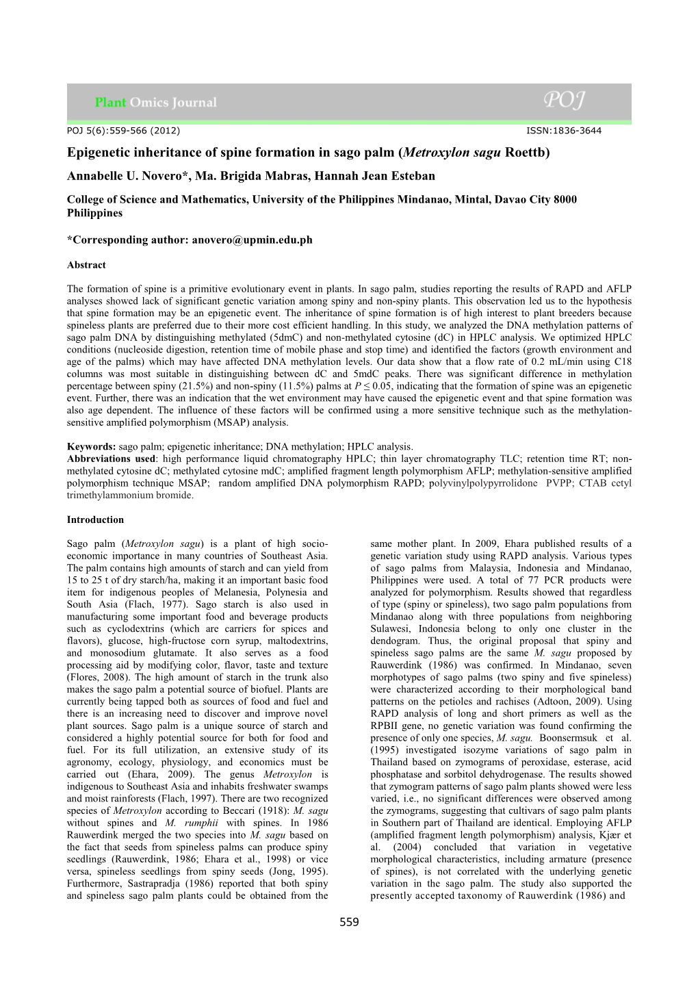 Epigenetic Inheritance of Spine Formation in Sago Palm (Metroxylon Sagu Roettb)