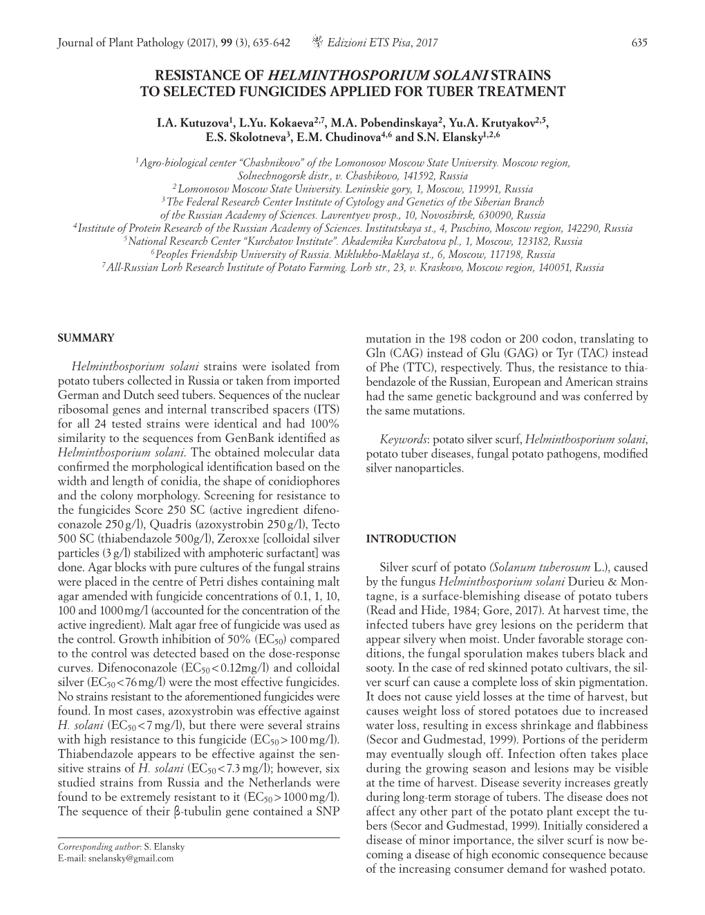 Resistance of Helminthosporium Solani Strains to Selected Fungicides Applied for Tuber Treatment