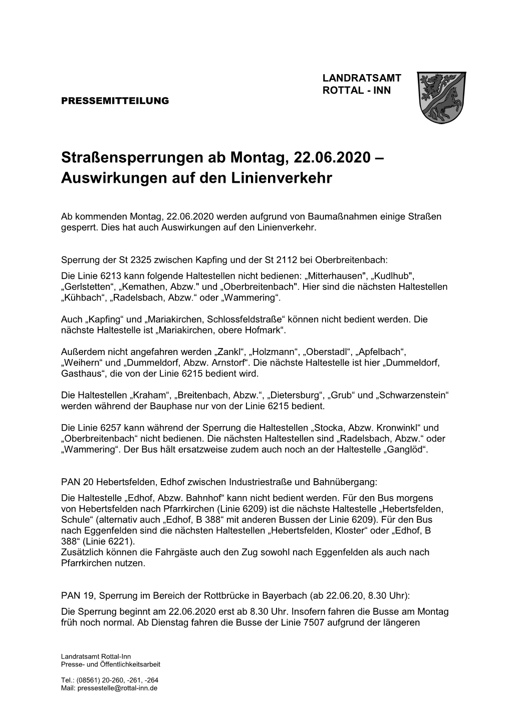 Straßensperrungen Ab Montag, 22.06.2020 – Auswirkungen Auf Den Linienverkehr