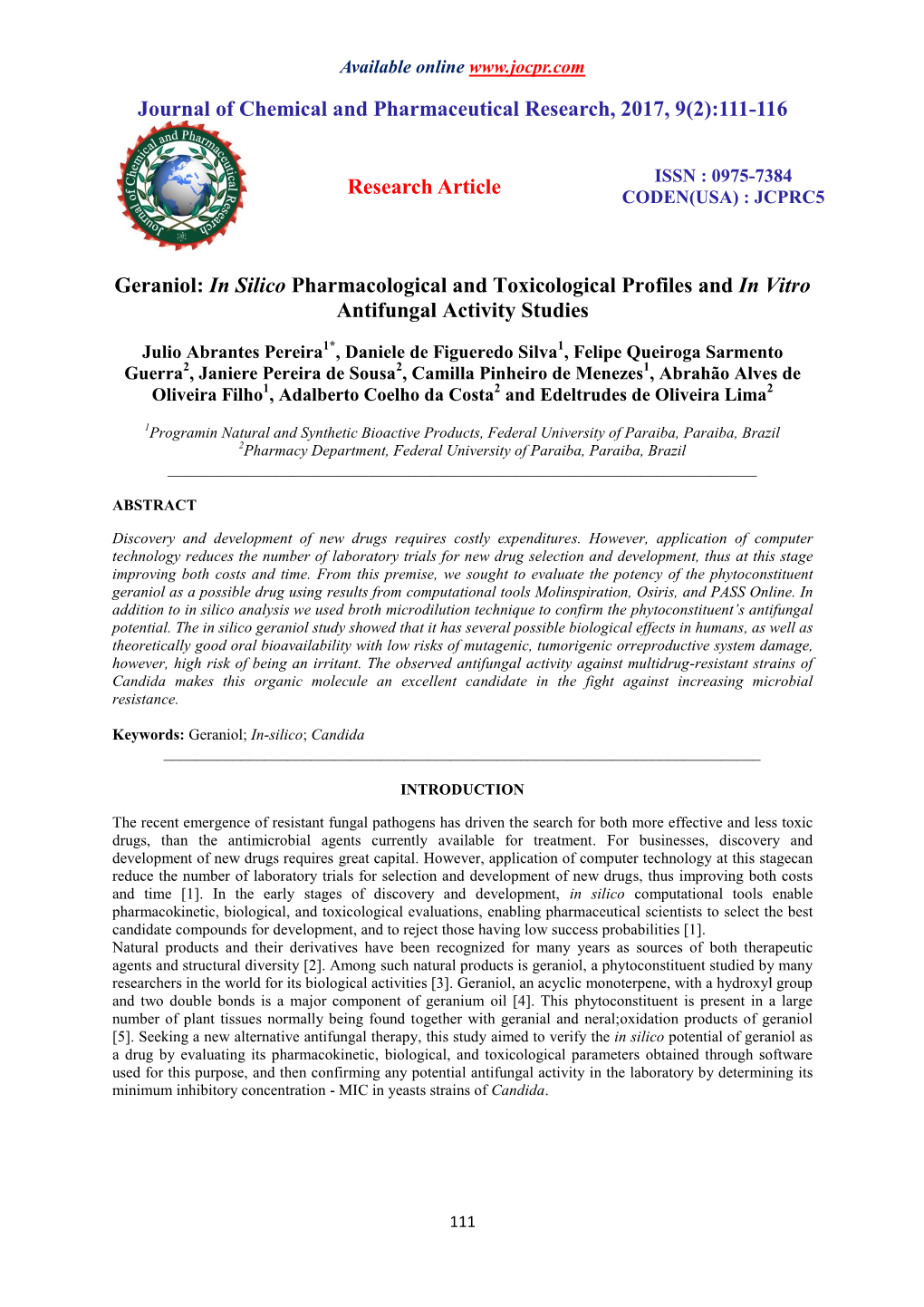 Geraniol: in Silico Pharmacological and Toxicological Profiles and in Vitro Antifungal Activity Studies