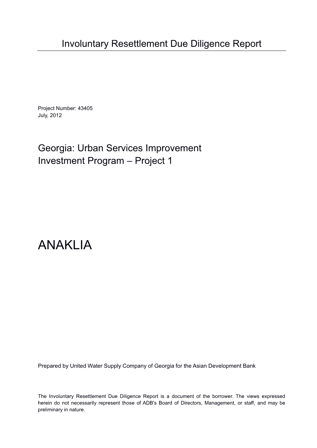 Georgia: Urban Services Improvement Investment Program – Project 1