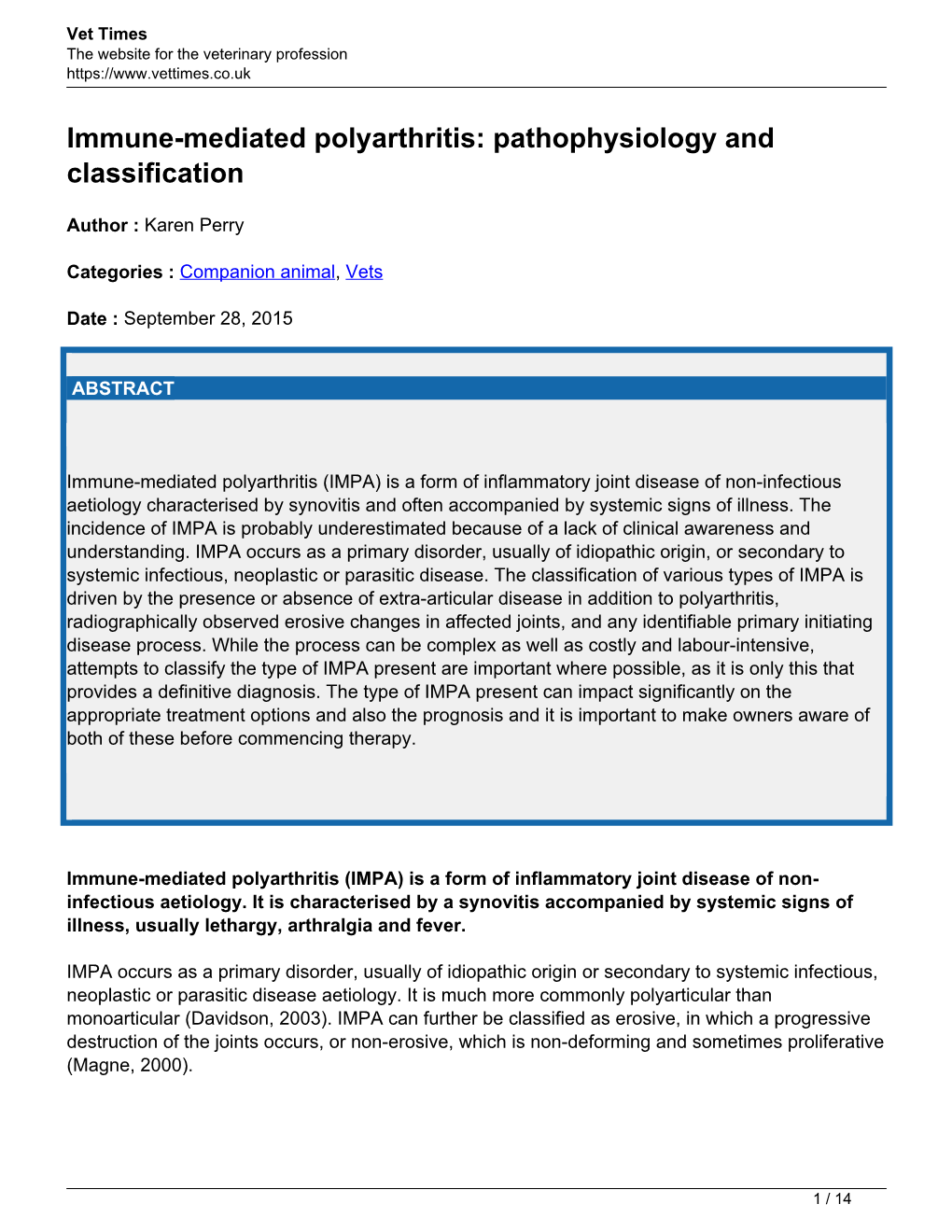 Immune-Mediated Polyarthritis: Pathophysiology and Classification