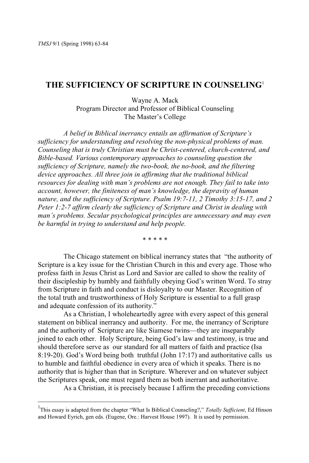 The Sufficiency of Scripture in Counseling1