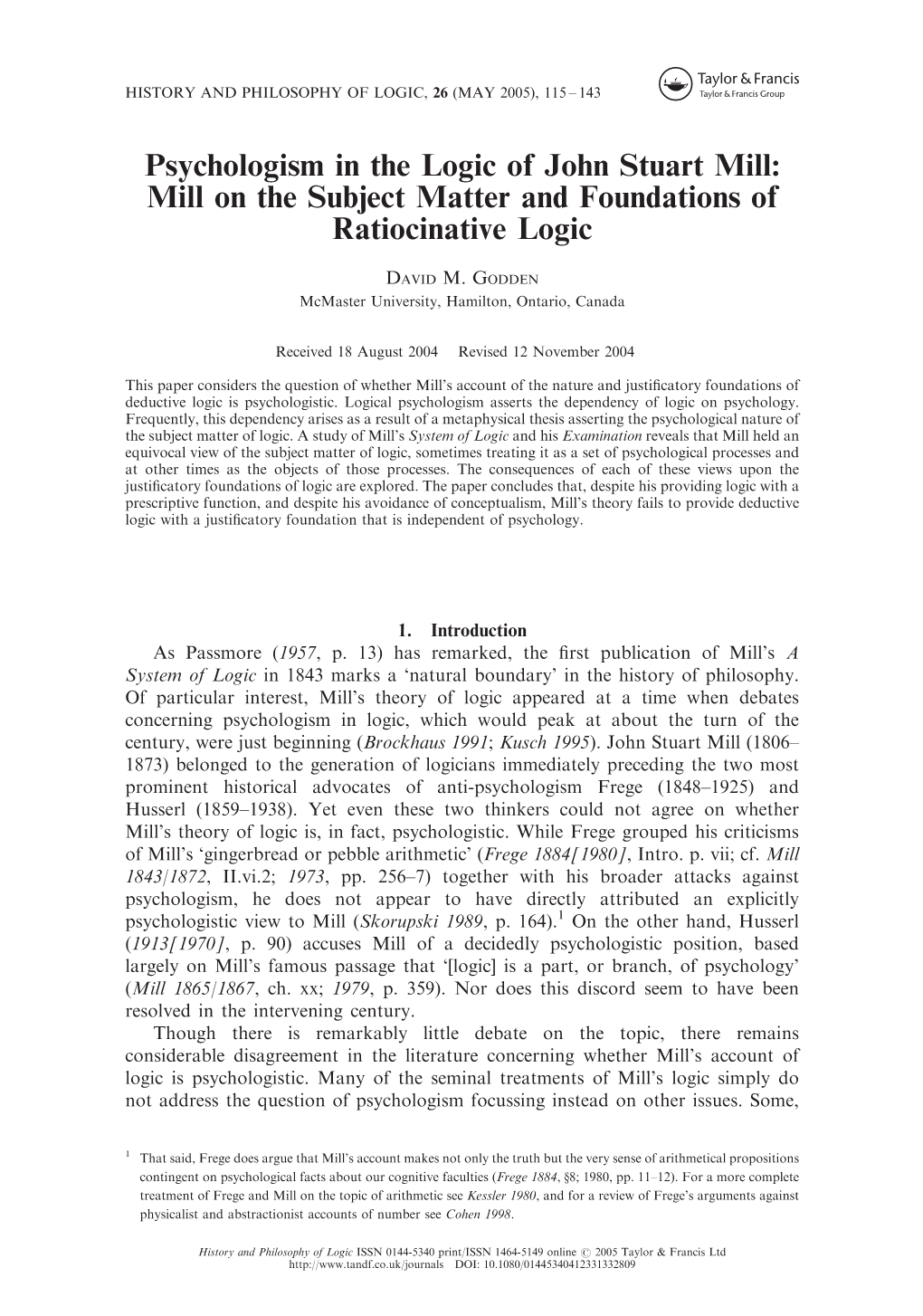 Psychologism in the Logic of John Stuart Mill: Mill on the Subject Matter and Foundations of Ratiocinative Logic