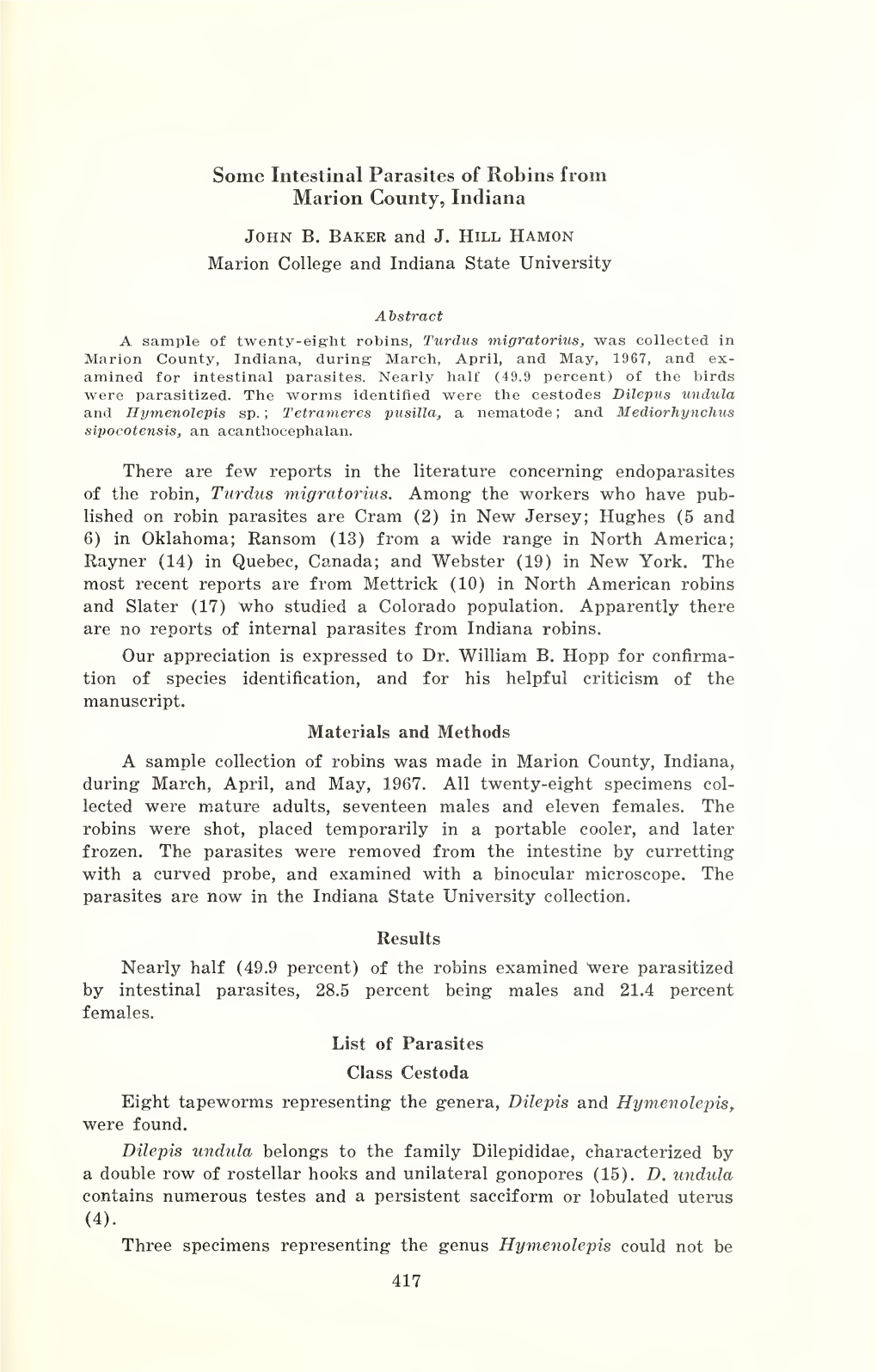 Proceedings of the Indiana Academy of Science